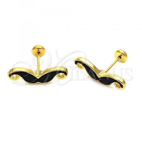 Oro Laminado Stud Earring, Gold Filled Style Moustache Design, Black Enamel Finish, Golden Finish, 02.09.0016