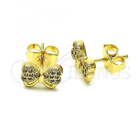 Oro Laminado Stud Earring, Gold Filled Style Bow Design, with White Micro Pave, Polished, Golden Finish, 02.210.0664