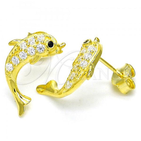 Sterling Silver Stud Earring, Dolphin Design, with White and Black Cubic Zirconia, Polished, Golden Finish, 02.336.0116.2