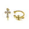 Oro Laminado Earcuff Earring, Gold Filled Style Cross Design, with White Micro Pave, Polished, Golden Finish, 02.213.0377
