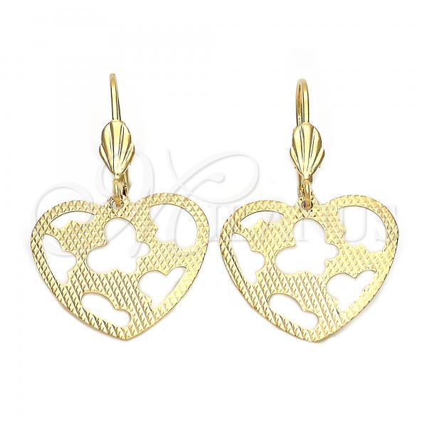 Oro Laminado Dangle Earring, Gold Filled Style Heart and Butterfly Design, Diamond Cutting Finish, Golden Finish, 5.104.010