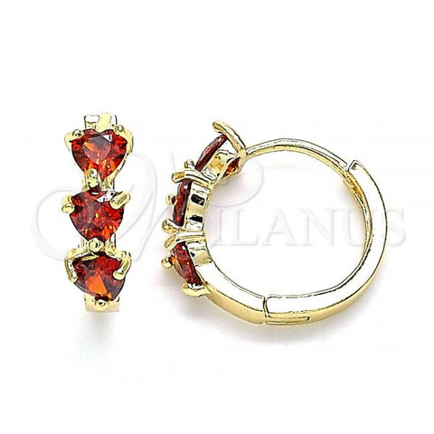 Oro Laminado Huggie Hoop, Gold Filled Style Heart Design, with Garnet Cubic Zirconia, Polished, Golden Finish, 02.210.0614.15