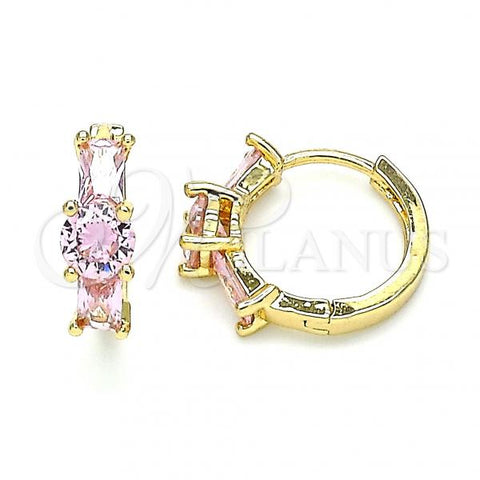 Oro Laminado Huggie Hoop, Gold Filled Style with Pink Cubic Zirconia, Polished, Golden Finish, 02.210.0651.4.15