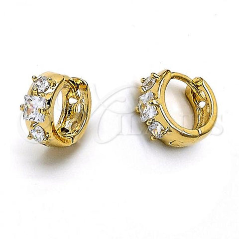 Oro Laminado Huggie Hoop, Gold Filled Style Flower Design, with White Cubic Zirconia, Polished, Golden Finish, 5.130.026