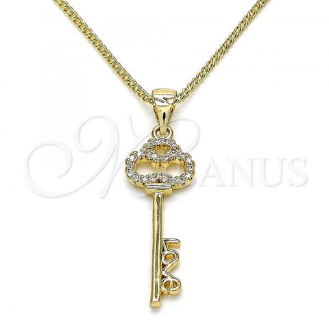 Oro Laminado Pendant Necklace, Gold Filled Style key and Love Design, with White Micro Pave, Polished, Golden Finish, 04.342.0017.20