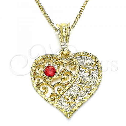 Oro Laminado Pendant Necklace, Gold Filled Style Heart and Dragon-Fly Design, with Garnet Crystal, Polished, Golden Finish, 04.351.0019.3.20