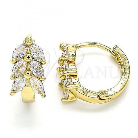 Oro Laminado Huggie Hoop, Gold Filled Style Leaf Design, with White Cubic Zirconia, Polished, Golden Finish, 02.210.0489.15
