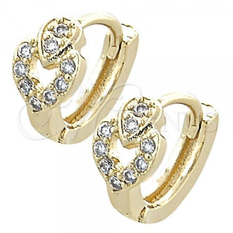 Oro Laminado Huggie Hoop, Gold Filled Style Heart Design, with White Cubic Zirconia, Polished, Golden Finish, 02.155.0044