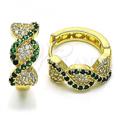Oro Laminado Huggie Hoop, Gold Filled Style with Green and White Micro Pave, Polished, Golden Finish, 02.210.0802.4.15