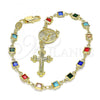 Oro Laminado Bracelet Rosary, Gold Filled Style Divino Niño and Crucifix Design, with Multicolor Cubic Zirconia, Polished, Golden Finish, 09.326.0005.08