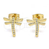 Oro Laminado Stud Earring, Gold Filled Style Dragon-Fly Design, with White Micro Pave, Polished, Golden Finish, 02.342.0079