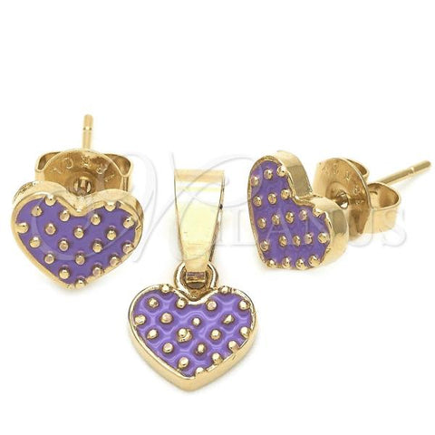 Oro Laminado Earring and Pendant Children Set, Gold Filled Style Heart Design, Purple Enamel Finish, Golden Finish, 10.64.0123
