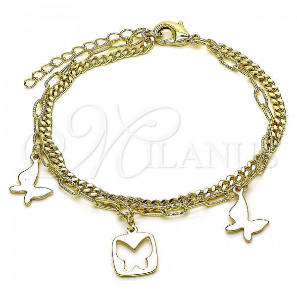 Oro Laminado Charm Bracelet, Gold Filled Style Butterfly and Paperclip Design, Polished, Golden Finish, 03.213.0185.07