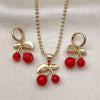 Oro Laminado Earring and Pendant Adult Set, Gold Filled Style Cherry Design, with Garnet Pearl, Polished, Golden Finish, 10.282.0007