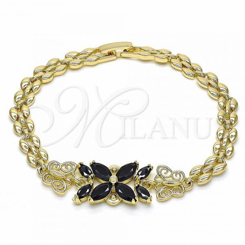 Oro Laminado Fancy Bracelet, Gold Filled Style Flower and Butterfly Design, with Black Cubic Zirconia, Polished, Golden Finish, 03.357.0014.3.07