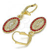 Oro Laminado Dangle Earring, Gold Filled Style Guadalupe Design, with Garnet Crystal, Polished, Golden Finish, 02.351.0013.2