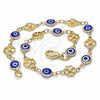 Oro Laminado Fancy Anklet, Gold Filled Style Evil Eye and Four-leaf Clover Design, Blue Resin Finish, Golden Finish, 03.326.0011.2.10