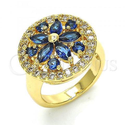 Oro Laminado Multi Stone Ring, Gold Filled Style Flower Design, with Sapphire Blue and White Cubic Zirconia, Polished, Golden Finish, 01.266.0020.2.07 (Size 7)