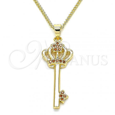 Oro Laminado Pendant Necklace, Gold Filled Style key and Crown Design, with Garnet Micro Pave, Polished, Golden Finish, 04.344.0009.1.20