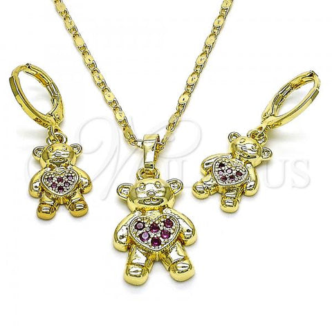 Oro Laminado Earring and Pendant Adult Set, Gold Filled Style Teddy Bear and Heart Design, with Ruby Micro Pave, Polished, Golden Finish, 10.196.0058.1