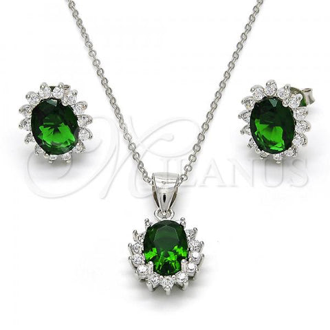 Sterling Silver Earring and Pendant Adult Set, with Green and White Cubic Zirconia, Polished, Rhodium Finish, 10.175.0054.1