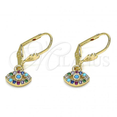 Oro Laminado Dangle Earring, Gold Filled Style with Multicolor Micro Pave, Polished, Golden Finish, 02.210.0343.1