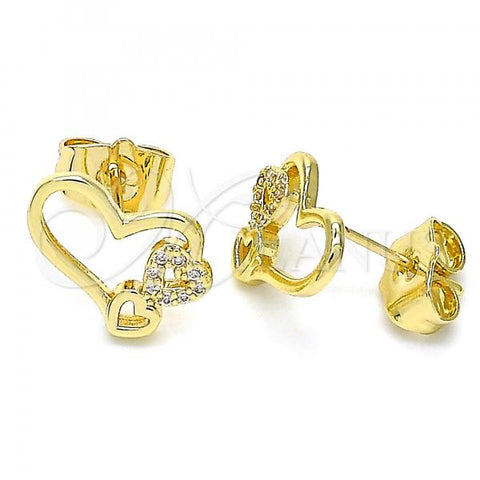Oro Laminado Stud Earring, Gold Filled Style Heart Design, with White Micro Pave, Polished, Golden Finish, 02.156.0518