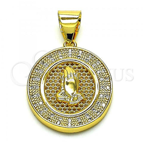 Oro Laminado Religious Pendant, Gold Filled Style Praying Hands Design, with White Micro Pave, Polished, Golden Finish, 05.342.0154