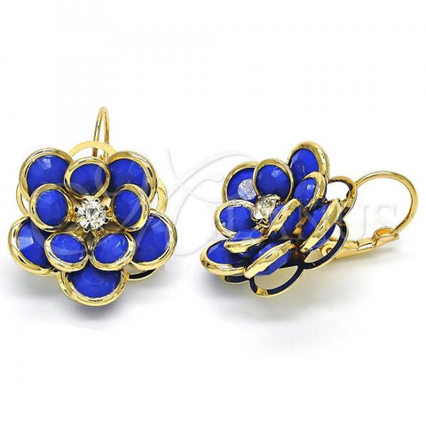 Oro Laminado Leverback Earring, Gold Filled Style Flower Design, with Sapphire Blue and White Crystal, Polished, Golden Finish, 02.64.0640.1