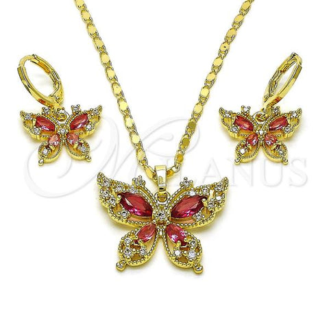 Oro Laminado Earring and Pendant Adult Set, Gold Filled Style Butterfly Design, with Ruby and White Cubic Zirconia, Polished, Golden Finish, 10.196.0155