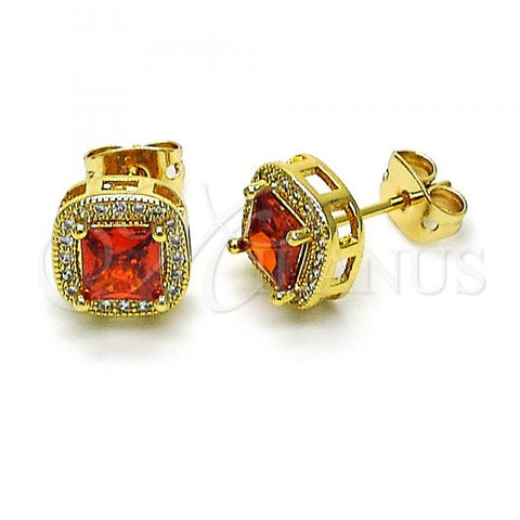 Oro Laminado Stud Earring, Gold Filled Style with Garnet Cubic Zirconia and White Micro Pave, Polished, Golden Finish, 02.342.0207.1