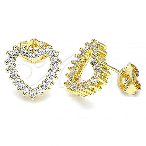 Oro Laminado Stud Earring, Gold Filled Style Heart Design, with White Cubic Zirconia, Polished, Golden Finish, 02.156.0503