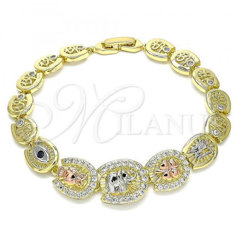 Oro Laminado Fancy Bracelet, Gold Filled Style Elephant and Owl Design, with White and Black Cubic Zirconia, Polished, Tricolor, 03.380.0103.07