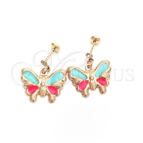 Oro Laminado Stud Earring, Gold Filled Style with White Cubic Zirconia, Turquoise Enamel Finish, Golden Finish, 02.58.0013