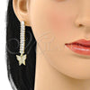 Oro Laminado Long Earring, Gold Filled Style Butterfly Design, with White Cubic Zirconia and White Micro Pave, Polished, Golden Finish, 02.283.0039