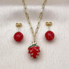 Oro Laminado Earring and Pendant Adult Set, Gold Filled Style Strawberry and Paperclip Design, Red Enamel Finish, Golden Finish, 10.417.0020
