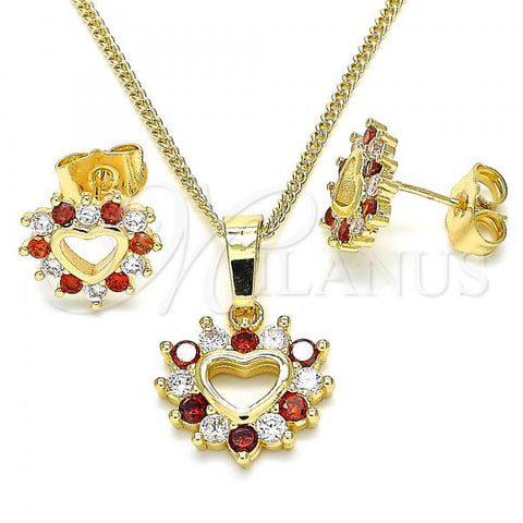 Oro Laminado Earring and Pendant Adult Set, Gold Filled Style Heart Design, with Garnet and White Cubic Zirconia, Polished, Golden Finish, 10.233.0042.1