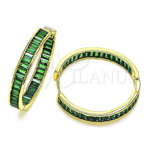 Oro Laminado Huggie Hoop, Gold Filled Style Baguette Design, with Green Cubic Zirconia, Polished, Golden Finish, 02.341.0131.3.35