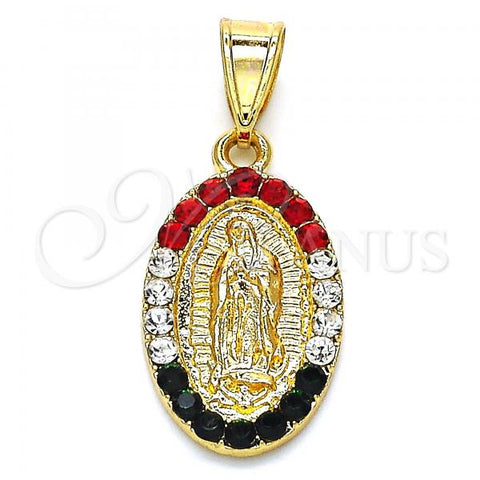 Oro Laminado Religious Pendant, Gold Filled Style Guadalupe Design, with Multicolor Crystal, Polished, Golden Finish, 05.351.0009
