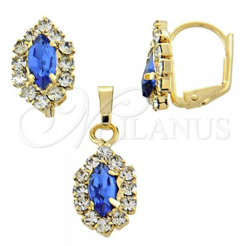 Oro Laminado Earring and Pendant Adult Set, Gold Filled Style with Dark Tanzanite and White Cubic Zirconia, Polished, Golden Finish, 10.122.0003.4