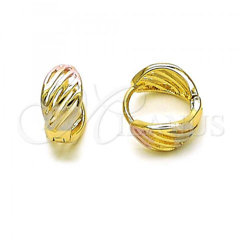 Oro Laminado Huggie Hoop, Gold Filled Style Leaf Design, Polished, Tricolor, 02.213.0513.12