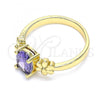Oro Laminado Multi Stone Ring, Gold Filled Style Flower Design, with Amethyst Cubic Zirconia, Polished, Golden Finish, 01.210.0121.07