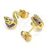 Oro Laminado Stud Earring, Gold Filled Style Swan Design, with Amethyst Cubic Zirconia, Polished, Golden Finish, 02.387.0002.1