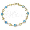 Oro Laminado Fancy Bracelet, Gold Filled Style Evil Eye and Puff Mariner Design, Turquoise Resin Finish, Golden Finish, 03.326.0012.3.08