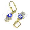 Oro Laminado Dangle Earring, Gold Filled Style Hand of God Design, with White Crystal, Blue Enamel Finish, Golden Finish, 02.380.0084