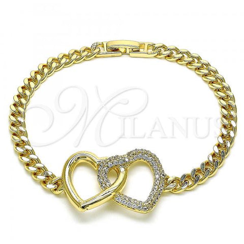 Oro Laminado Fancy Bracelet, Gold Filled Style Heart and Miami Cuban Design, with White Micro Pave, Polished, Golden Finish, 03.283.0272.08