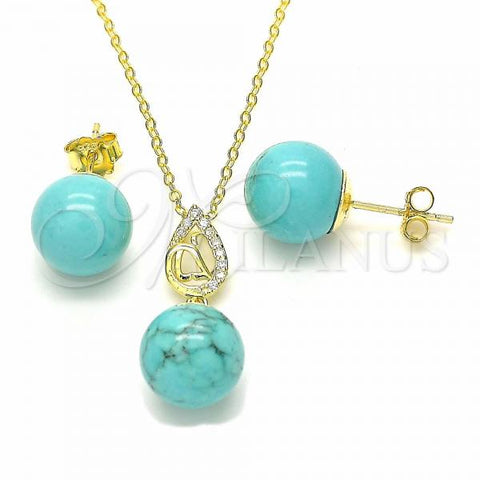 Sterling Silver Earring and Pendant Adult Set, Teardrop and Ball Design, with White Cubic Zirconia, Polished, Golden Finish, 10.63.0600
