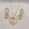 Oro Laminado Earring and Pendant Adult Set, Gold Filled Style Heart Design, with Ruby and Black Micro Pave, Polished, Golden Finish, 10.196.0121