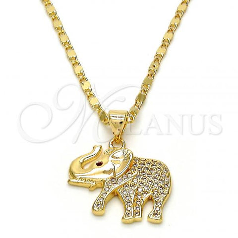 Oro Laminado Pendant Necklace, Gold Filled Style Elephant Design, with White and Ruby Micro Pave, Polished, Golden Finish, 04.199.0004.20