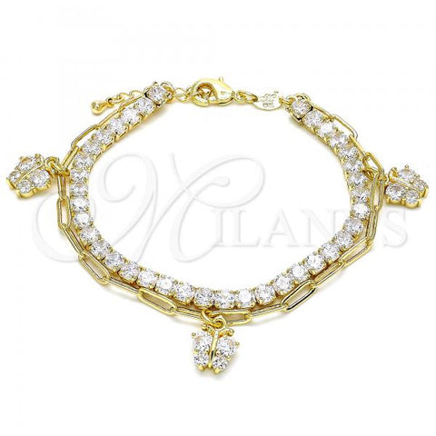 Oro Laminado Charm Bracelet, Gold Filled Style Butterfly and Paperclip Design, with White Cubic Zirconia, Polished, Golden Finish, 03.63.2188.08